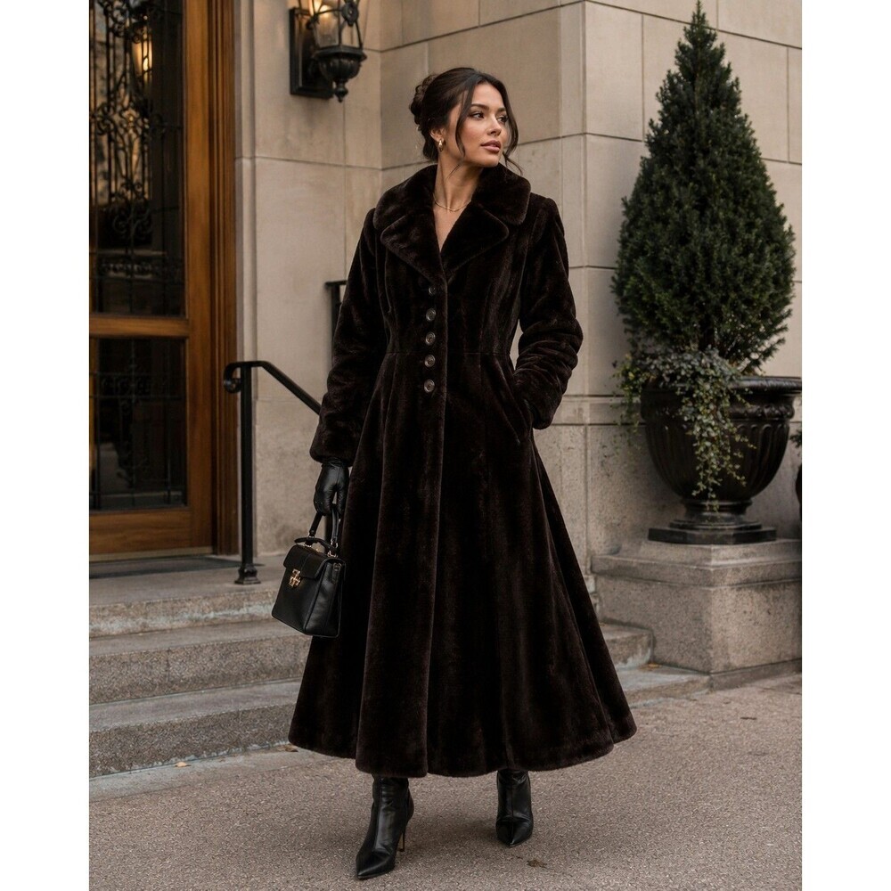 1950 Seal Dyed Mouton Fur Coat Full Length Princess Swing Coat Dark Brown Sz S